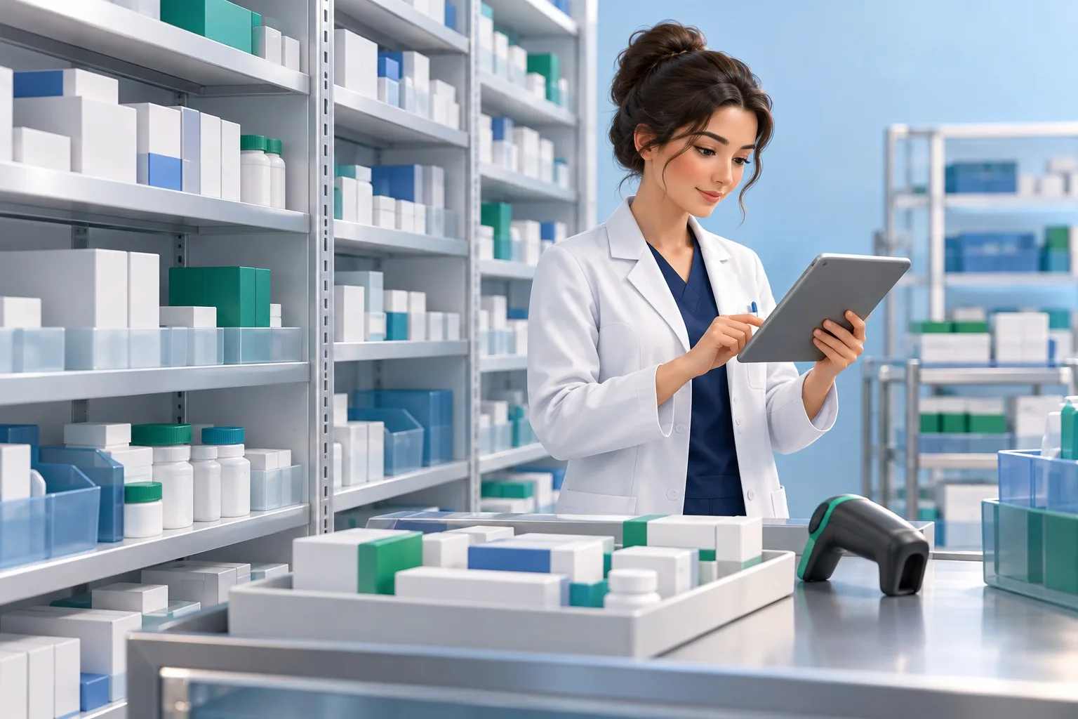 Ilustração de farmacêutica conferindo medicamentos com um tablet