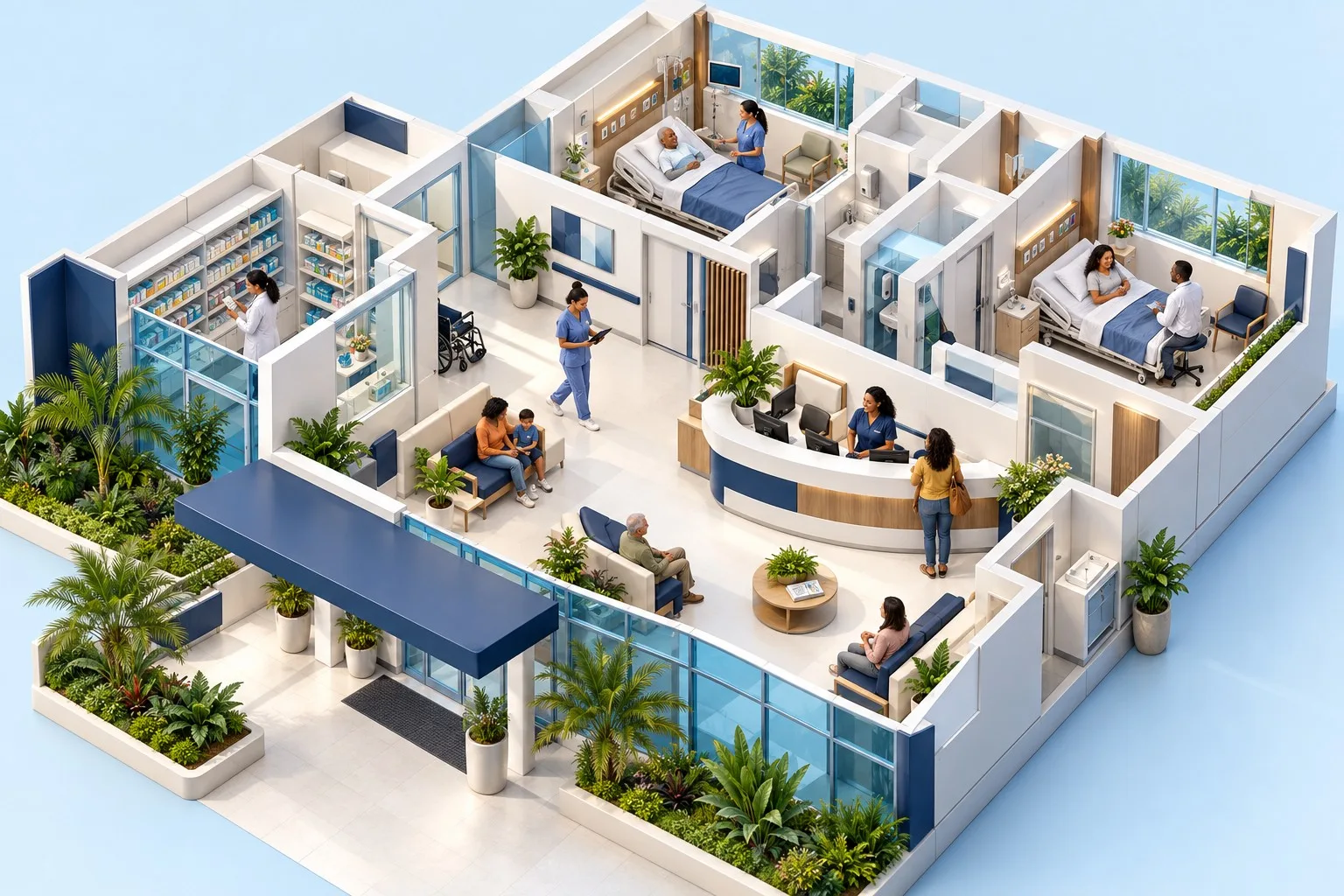 Ilustração isométrica de um hospital com recepção, leitos e equipe